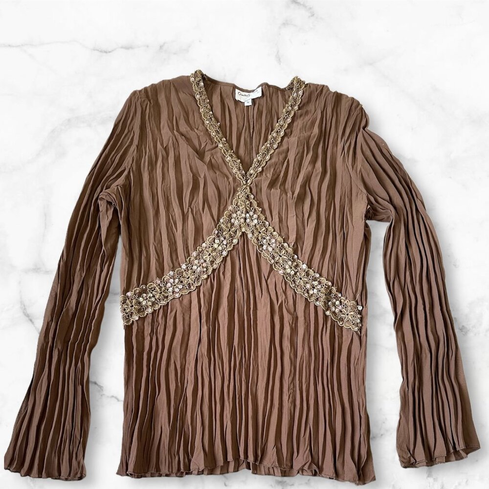 Claudia Richard Women Blouse Brown Size Medium Long Sleeves Embroidery Design
